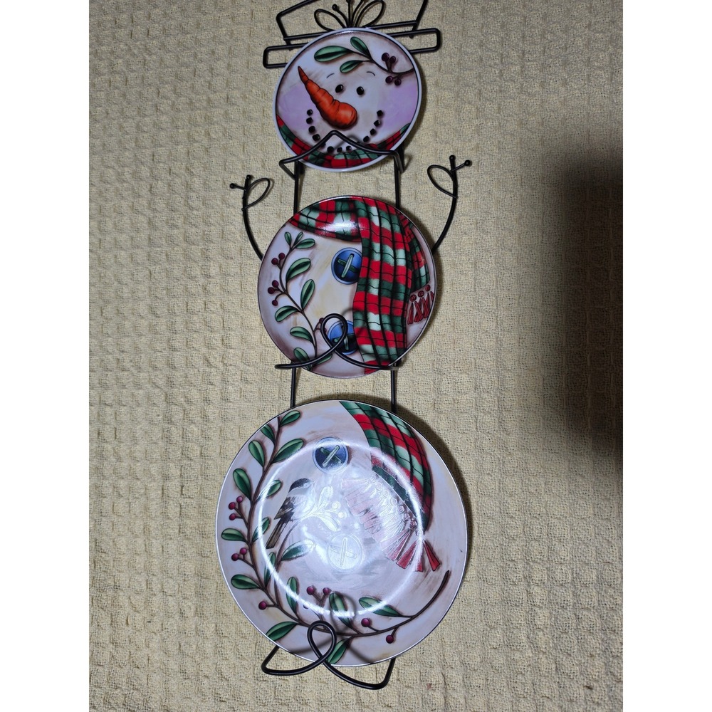 Snowman Tiered Ceramic Plate Wall Hanging Metal Frame Holiday Winter Decor
